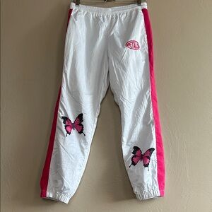 Petals And Peacocks White Pink Track Women’s Pants With Butterfly Design Medium.